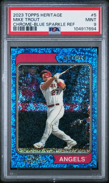 2023 Topps Heritage #5 Mike Trout Chrome Blue Sparkle Refractor PSA 9 MINT