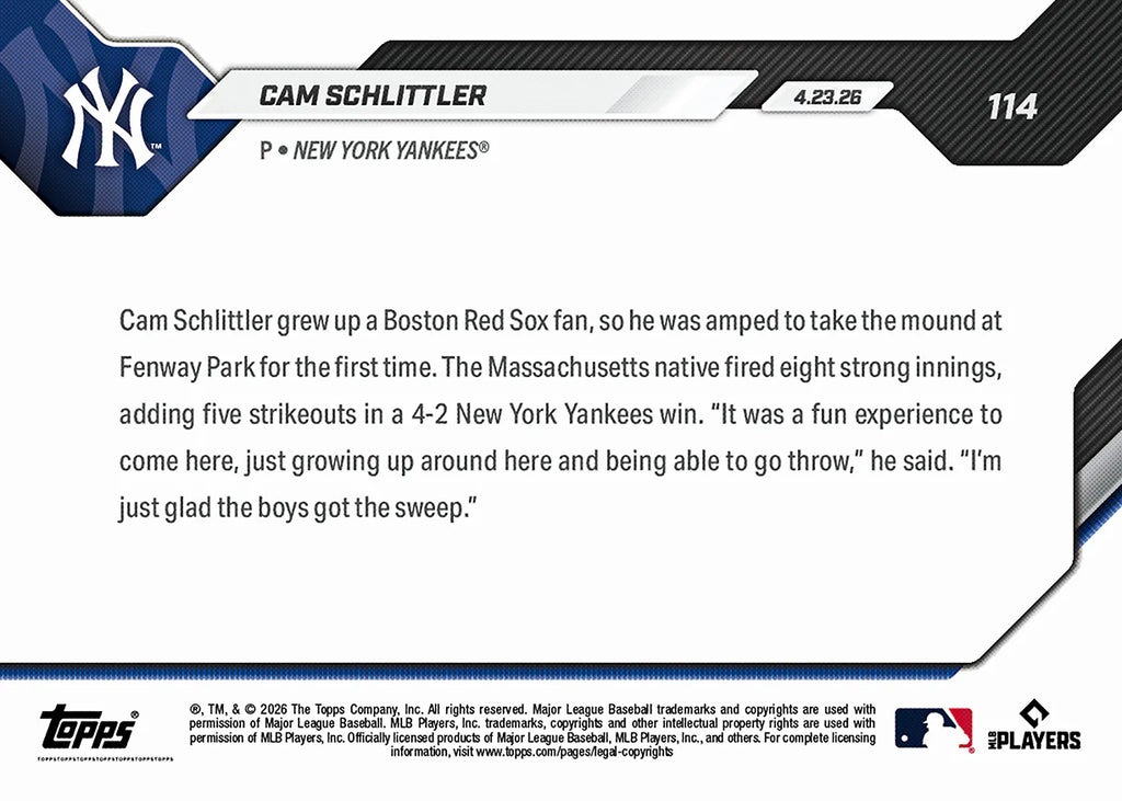 2026 Topps NOW MLB Cam Schlittler - Mass. Native Fires 8 IP in Sweep Over Red Sox #114