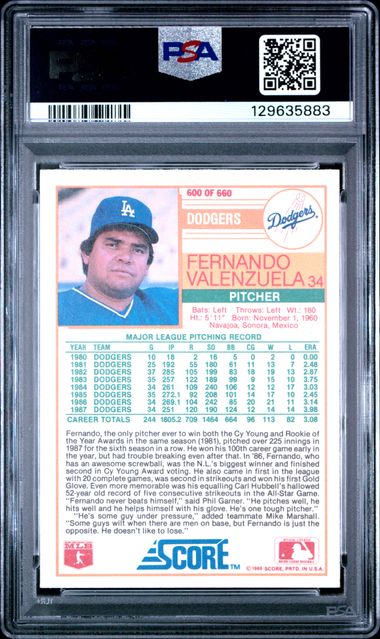 1988 Score #600 Fernando Valenzuela PSA 10 GEM MINT 600/660