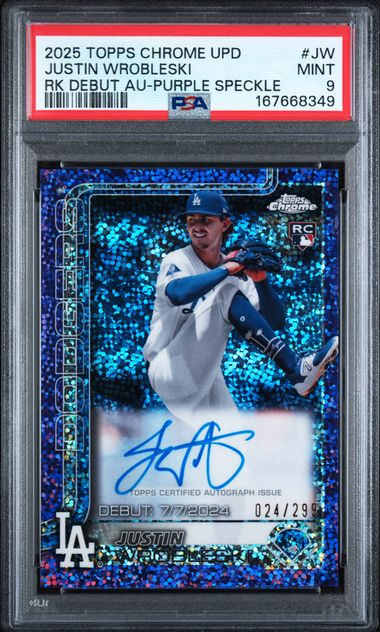 2025 Topps Chrome Update Justin Wrobleski Rookie Debut Autograph Purple Speckle #JW PSA 9 | Cert 167668349