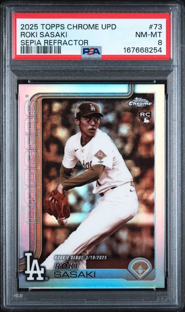 2025 Topps Chrome Update Roki Sasaki Sepia Refractor #73 PSA NM-MT 8 certificate 167668254