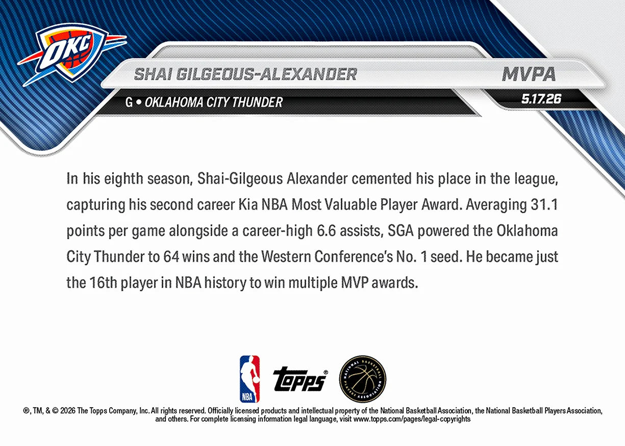 2025-26 Topps NOW NBA Shai Gilgeous-Alexander - 2026 Kia NBA MVP Award Winner #MVPA