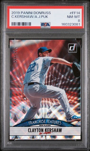 2019 Panini Donruss Franchise Features FF14 Clayton Kershaw and A.J. Puk graded PSA 8 slab