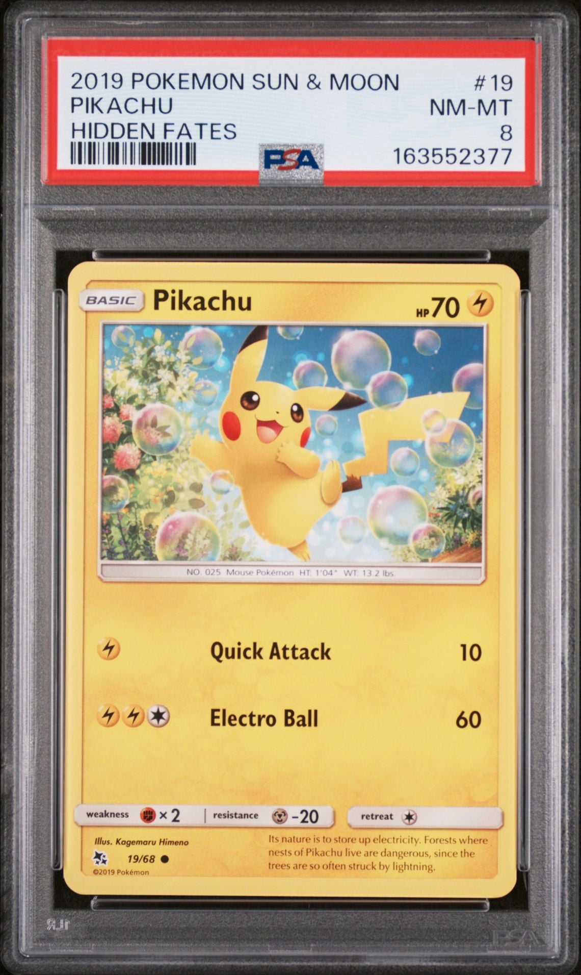 2019 Pokémon Sun & Moon Hidden Fates #19 Pikachu graded PSA 8 slab