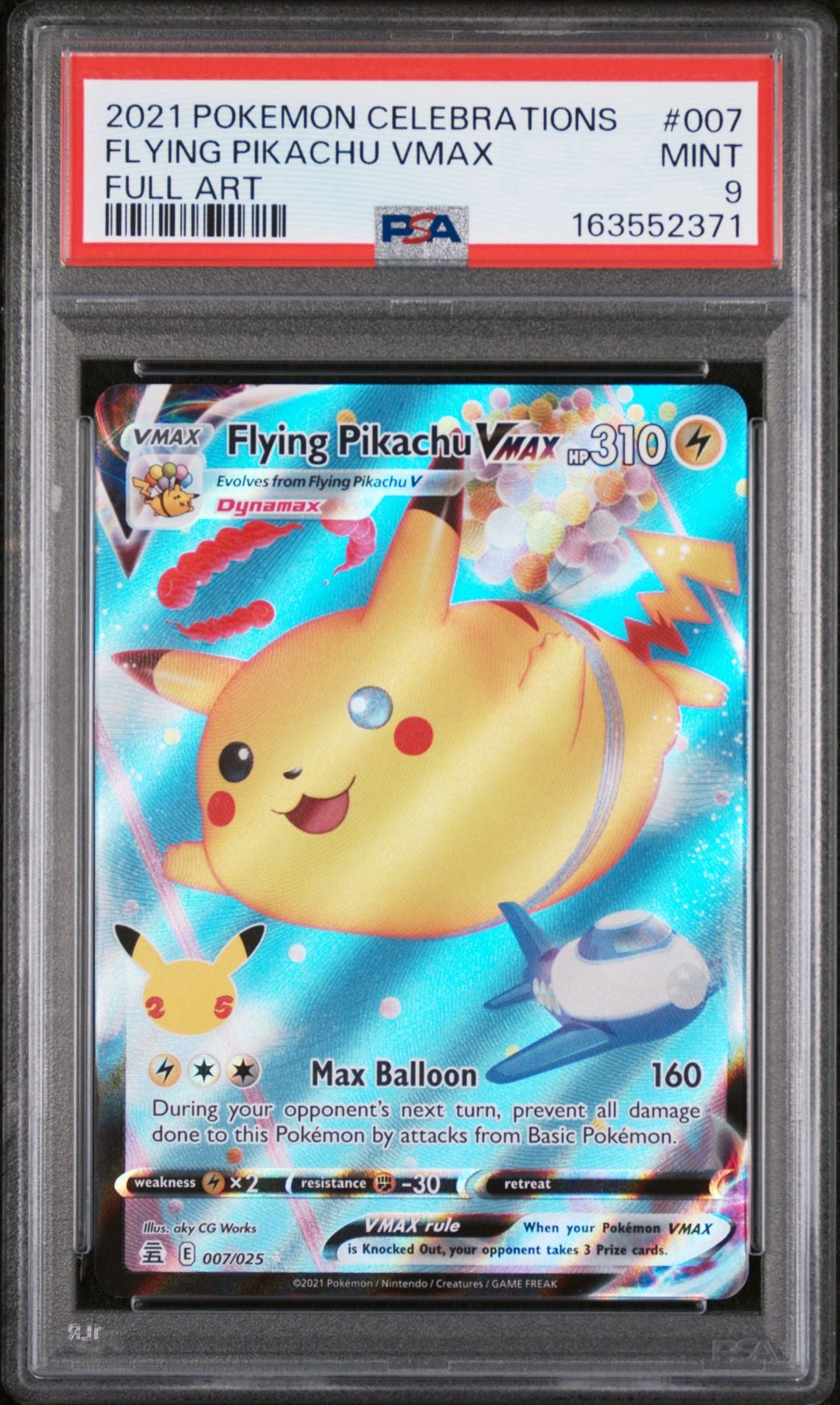 2021 Pokémon Celebrations #007 Flying Pikachu VMAX Full Art graded PSA 9 slab