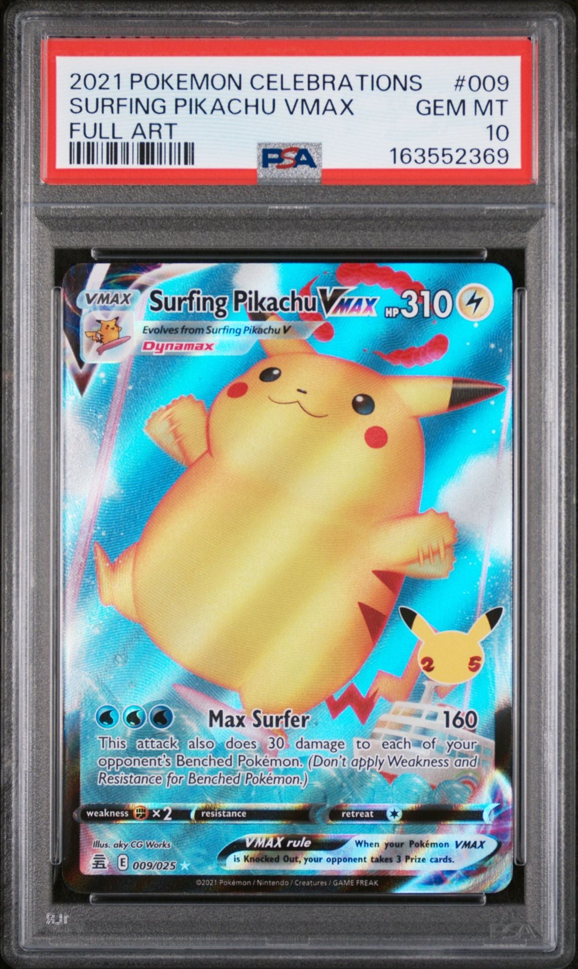 2021 Pokémon Celebrations #009 Surfing Pikachu VMAX Full Art graded PSA 10 slab