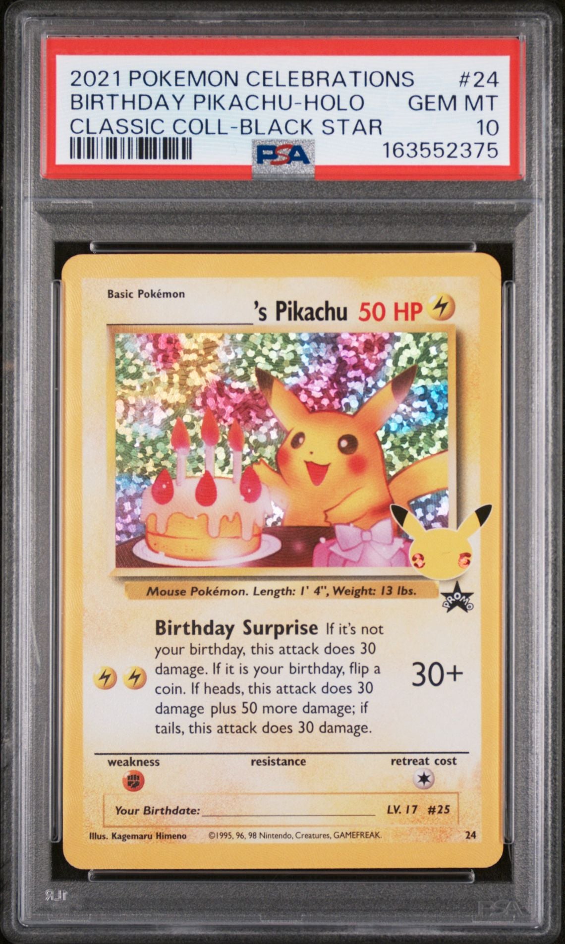 2021 Pokémon Celebrations Classic Collection #24 Birthday Pikachu Holo graded PSA 10 slab