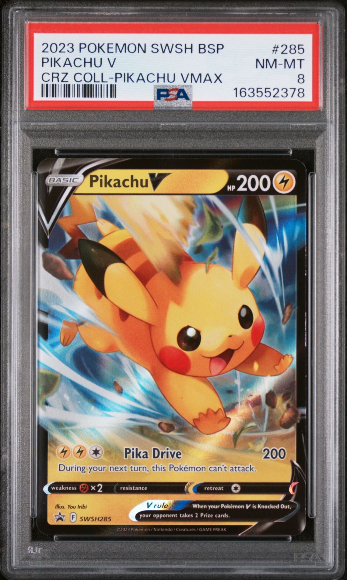 2023 Pokémon SWSH Black Star Promo #285 Pikachu V, Crown Zenith Collection, graded PSA 8 slab