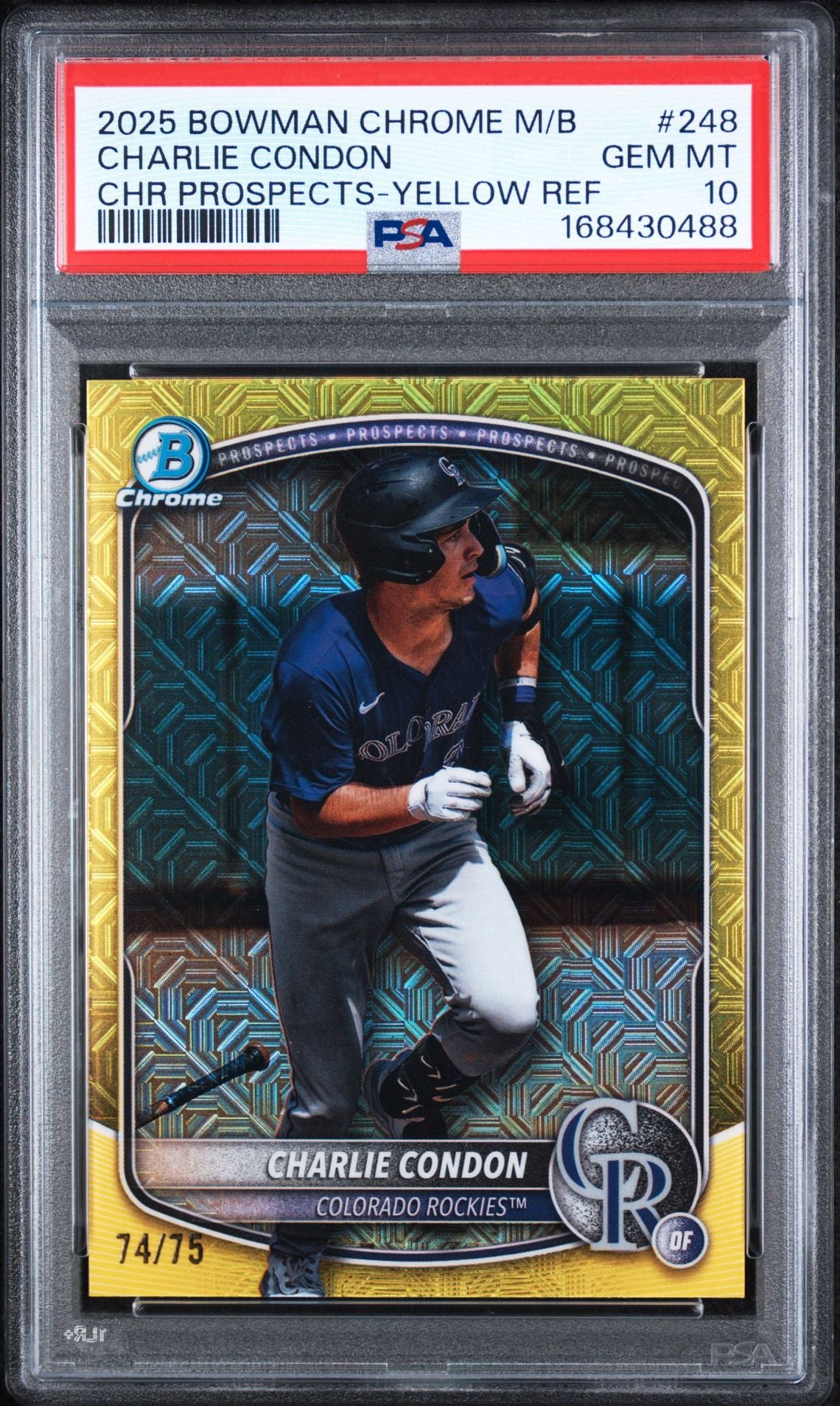 2025 Bowman Chrome Mega Box #248 Charlie Condon Chrome Prospects Yellow Refractor /75 PSA GEM MT 10, PSA Cert 168430488