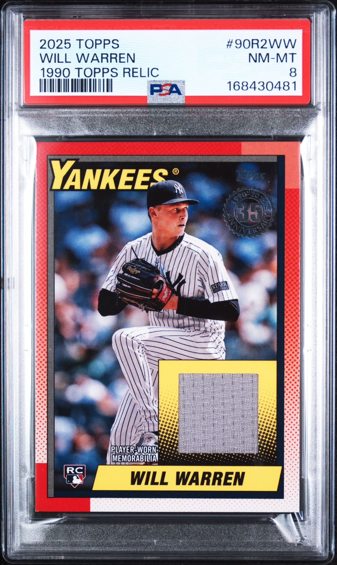 2025 Topps Will Warren 1990 Topps Baseball Relic PSA 8 slab