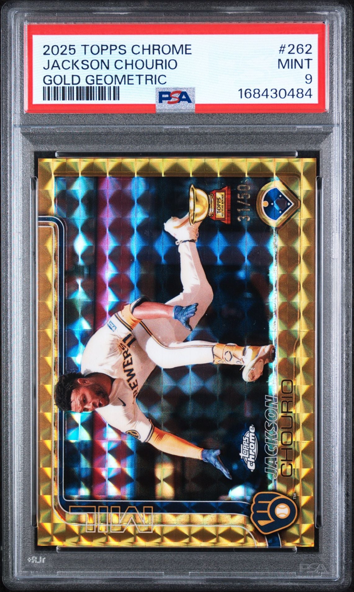 2025 Topps Chrome Jackson Chourio #262 Gold Geometric PSA 9 slab