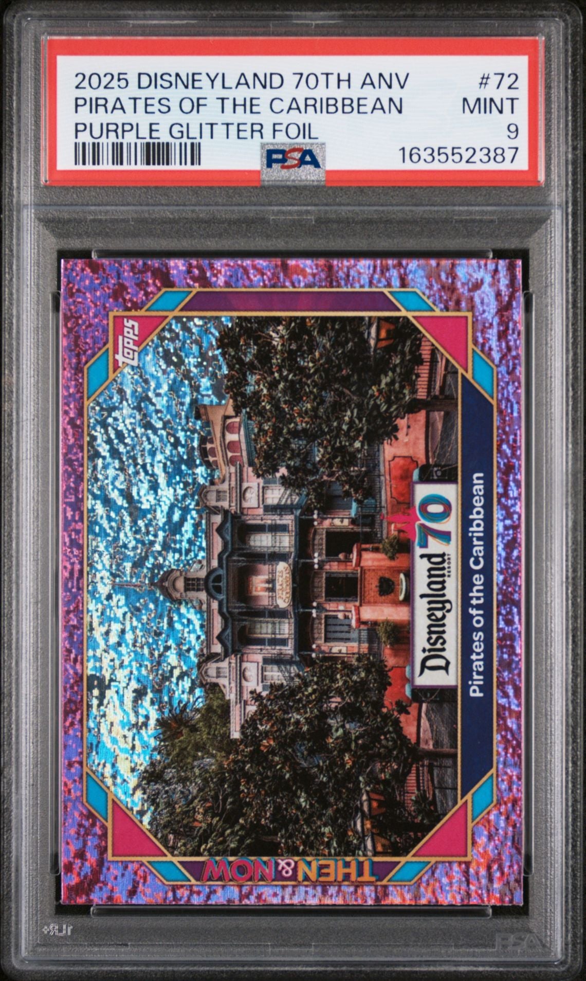 2025 Topps Disneyland 70th Anniversary #72 Pirates of the Caribbean Purple Glitter Foil graded PSA 9 slab