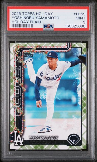 2025 Topps Holiday H159 Yoshinobu Yamamoto Holiday Plaid graded PSA 9 slab