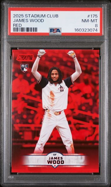 2025 Topps Stadium Club #175 James Wood Red parallel rookie graded PSA 8 slab