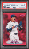 2025 Topps Stadium Club #184 Yoshinobu Yamamoto Pink parallel graded PSA 8 slab