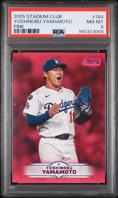 2025 Topps Stadium Club #184 Yoshinobu Yamamoto Pink parallel graded PSA 8 slab