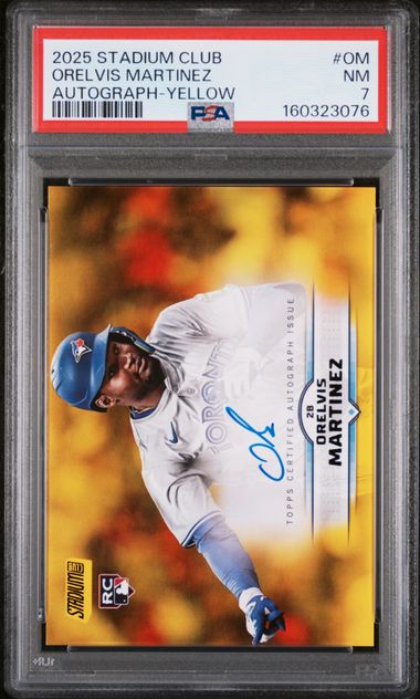 2025 Topps Stadium Club Autographs OM Orelvis Martinez Yellow rookie autograph graded PSA 7 slab