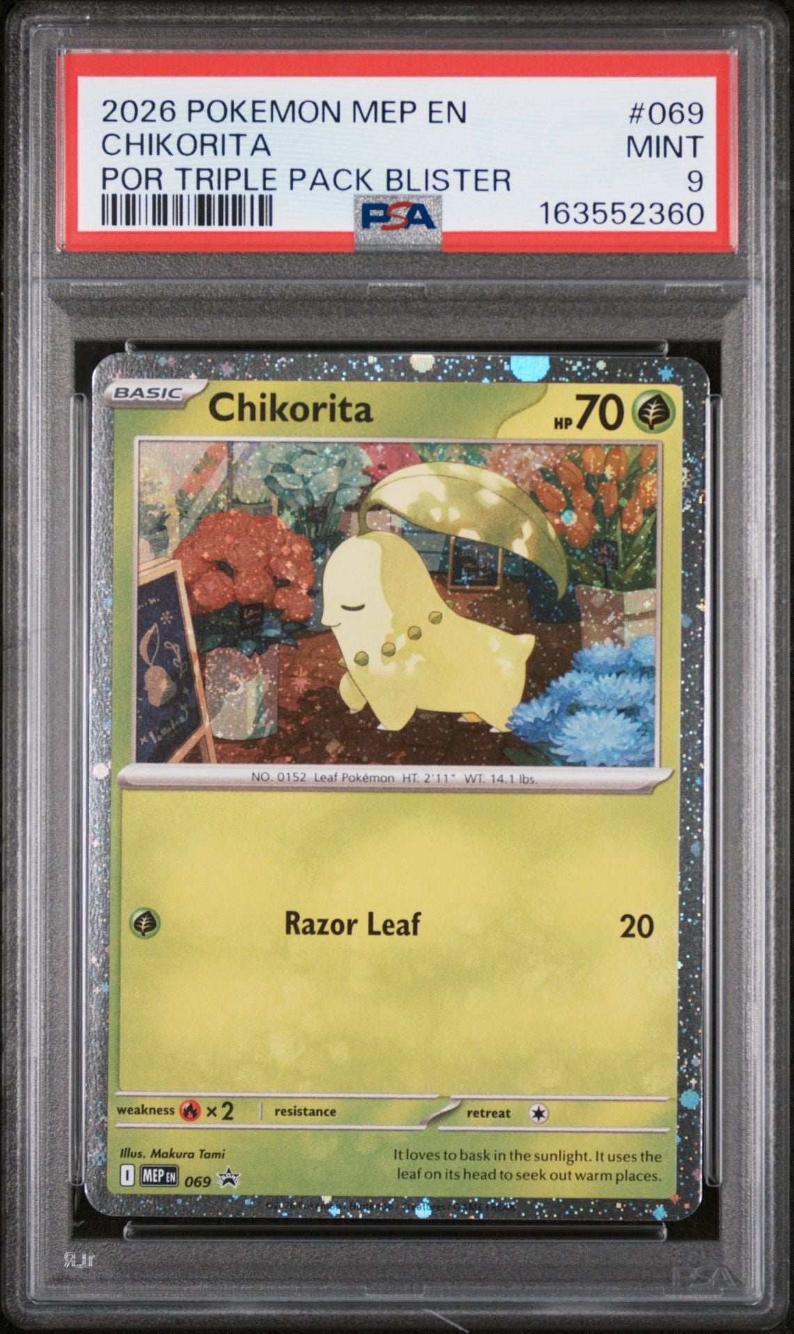2026 Pokémon MEP EN #069 Chikorita Perfect Order Triple Pack Blister Promo — PSA MINT 9 — Cert 163552360