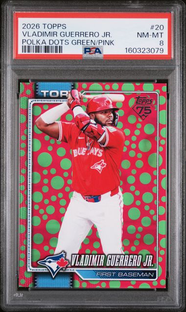 2026 Topps #20 Vladimir Guerrero Jr. Polka Dots Green/Pink parallel graded PSA 8 slab