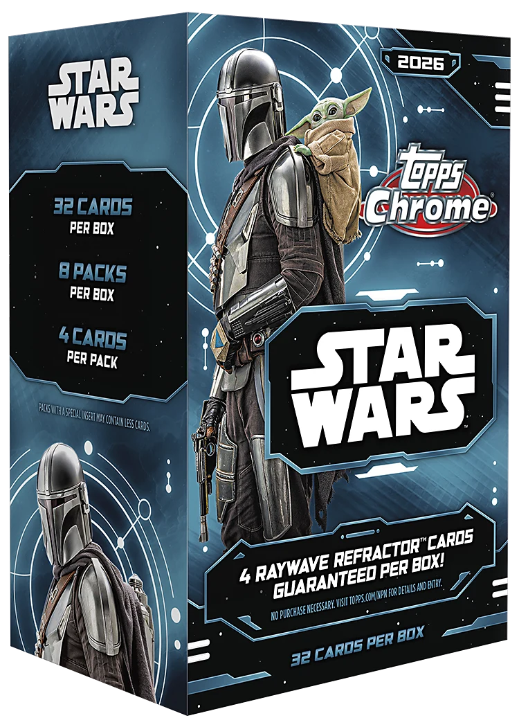 2026 Topps Chrome Star Wars Value Box featuring the Mandalorian and Grogu