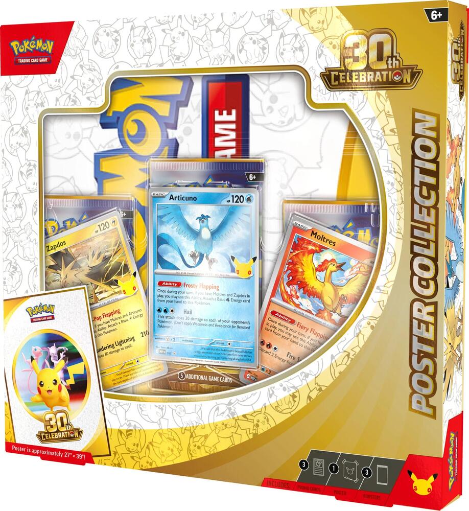 Pokemon TCG 30th Celebration Poster Collection sealed box with Articuno, Zapdos, and Moltres promo cards