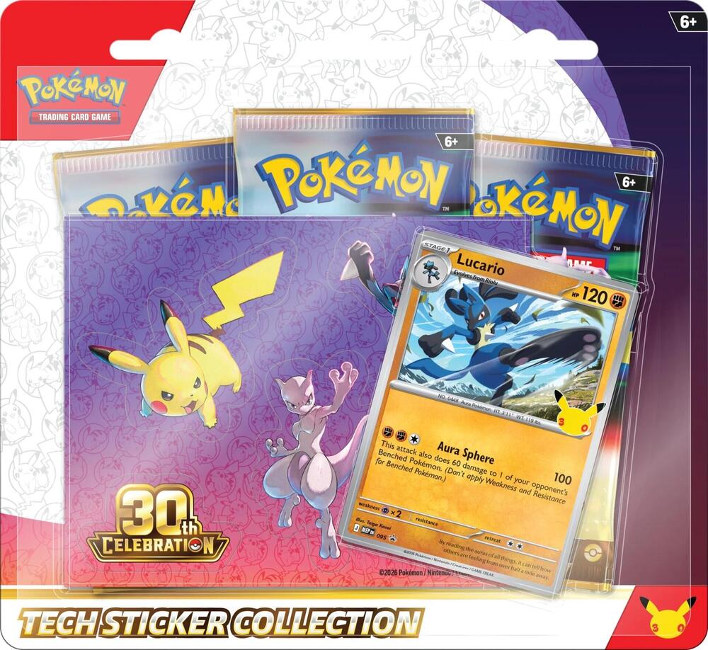 Pokémon TCG 30th Celebration Tech Sticker Collection packaging featuring a Lucario promo card