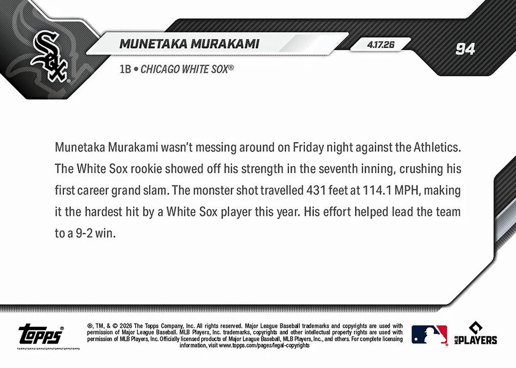 2026 Topps NOW MLB Munetaka Murakami - Smashes 1st Career Grand Slam 114.1 MPH #94