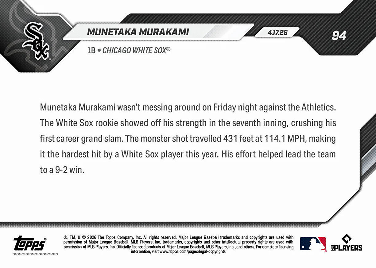 2026 Topps NOW MLB Munetaka Murakami - Smashes 1st Career Grand Slam 114.1 MPH #94
