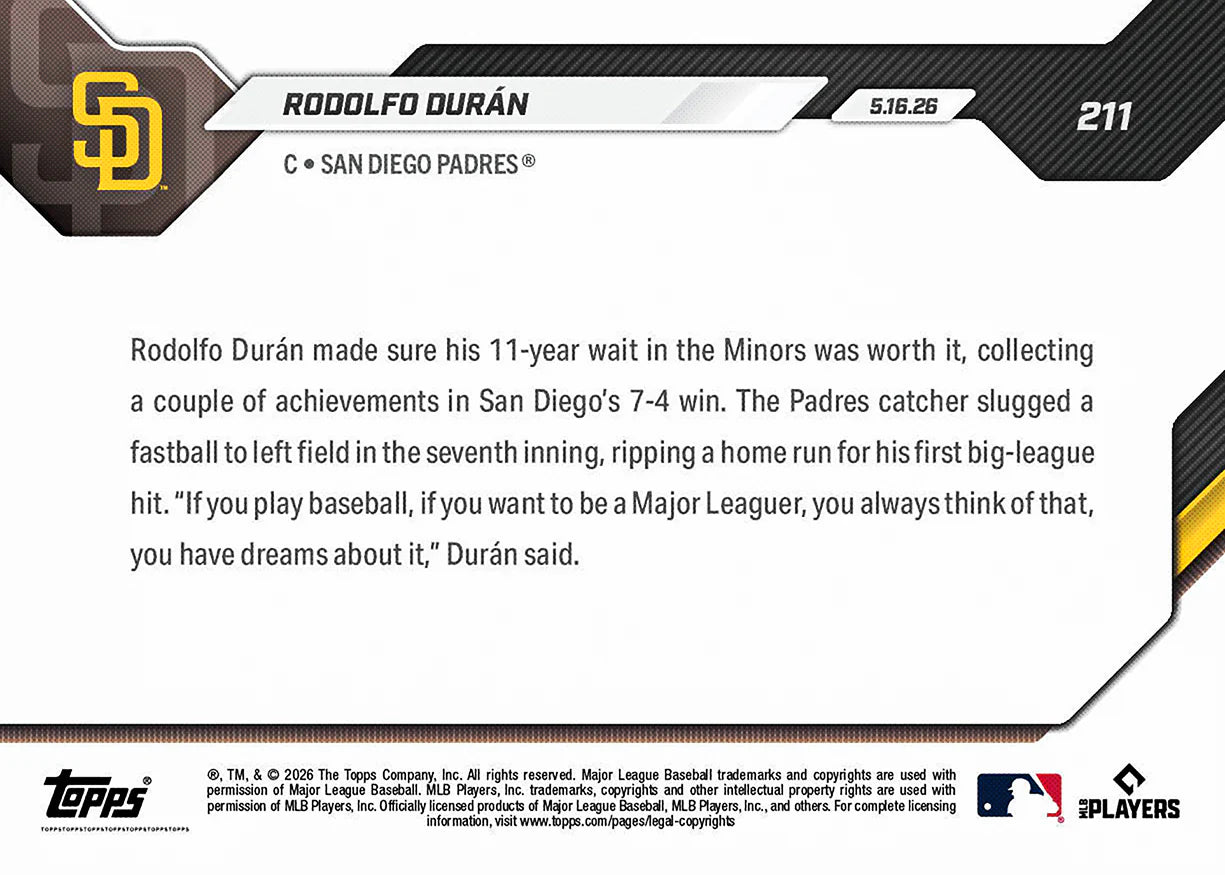2026 Topps NOW MLB Rodolfo Durán - 1st MLB Hit HR After 11 Years in Minors #211