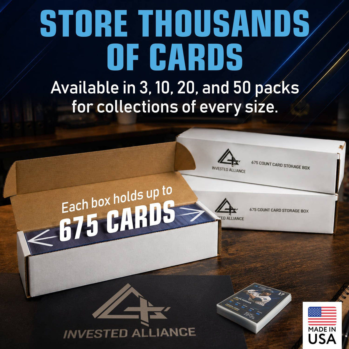 Invested Alliance Cardboard Trading Card Storage Boxes – 3 Pack
