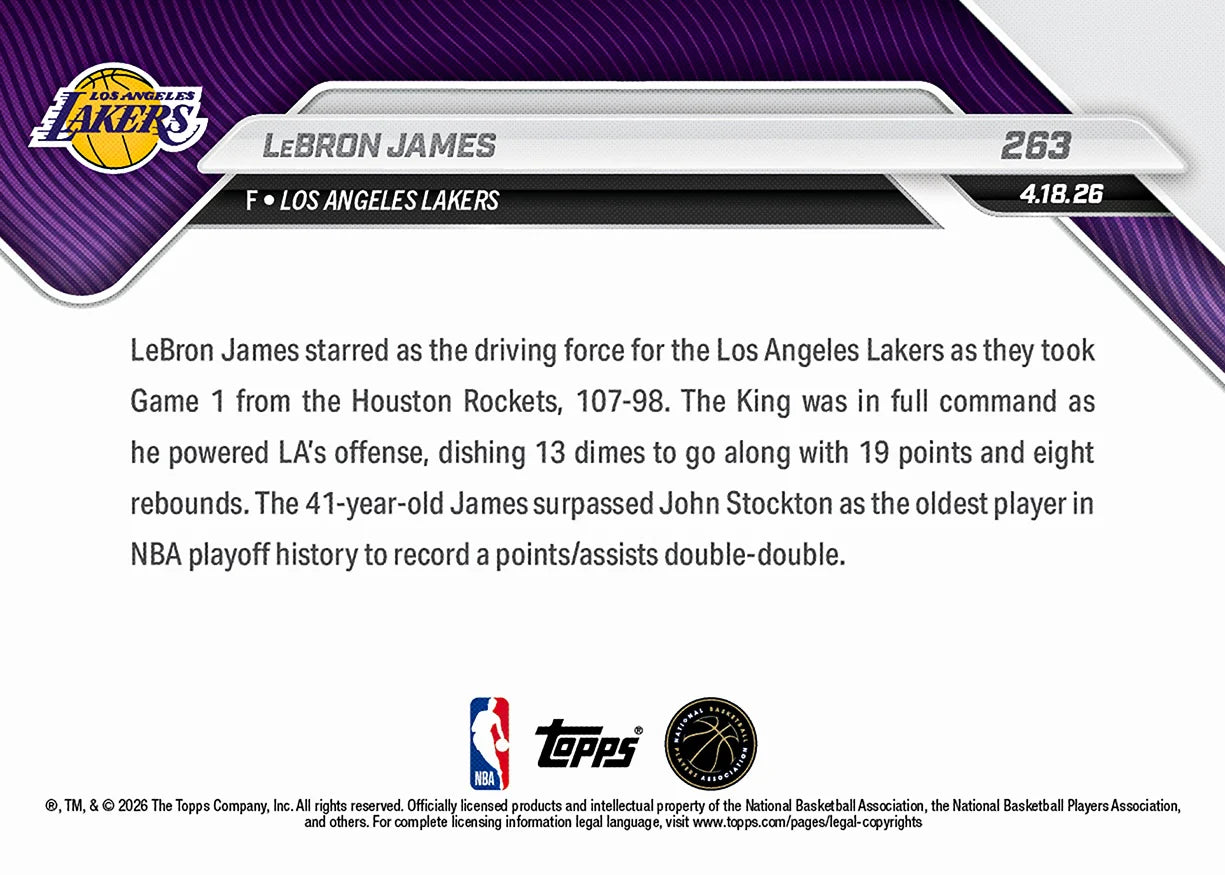 2025-26 Topps NOW NBA LeBron James - King's Command: 19 PTs & 13 AST Ignite Game 1 Win #263