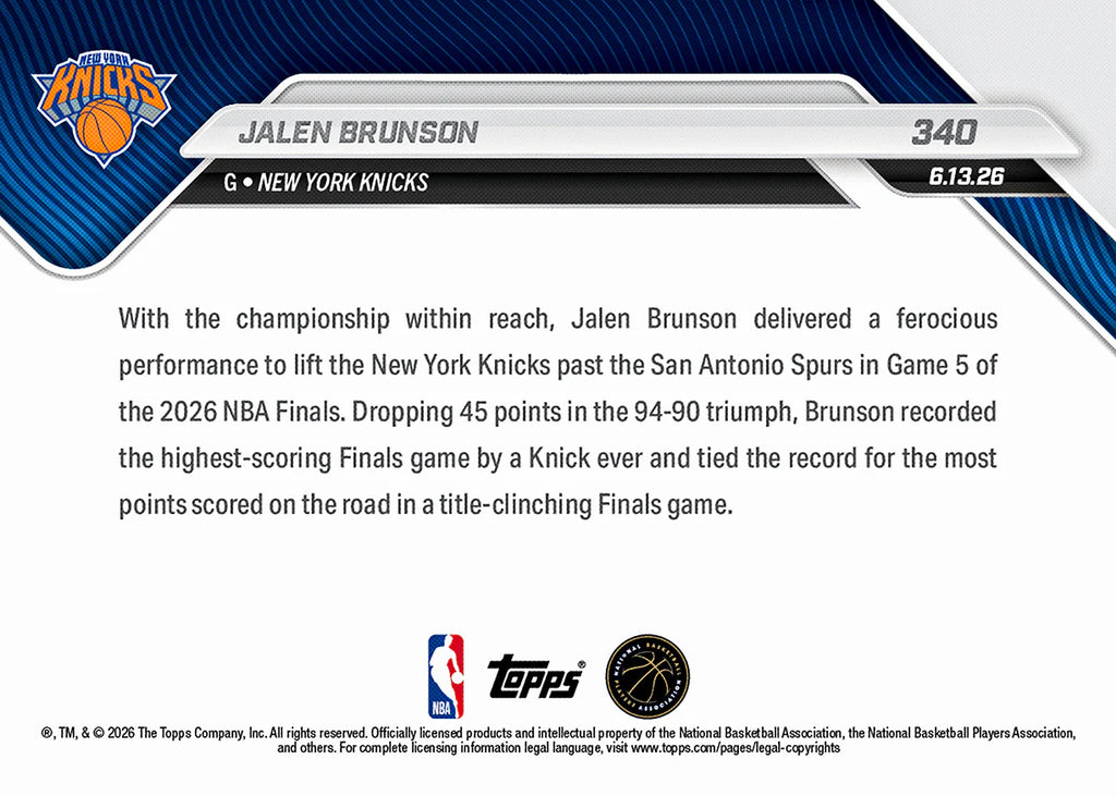 Jalen Brunson - 2025-26 Topps NOW Card #340 NBA Finals