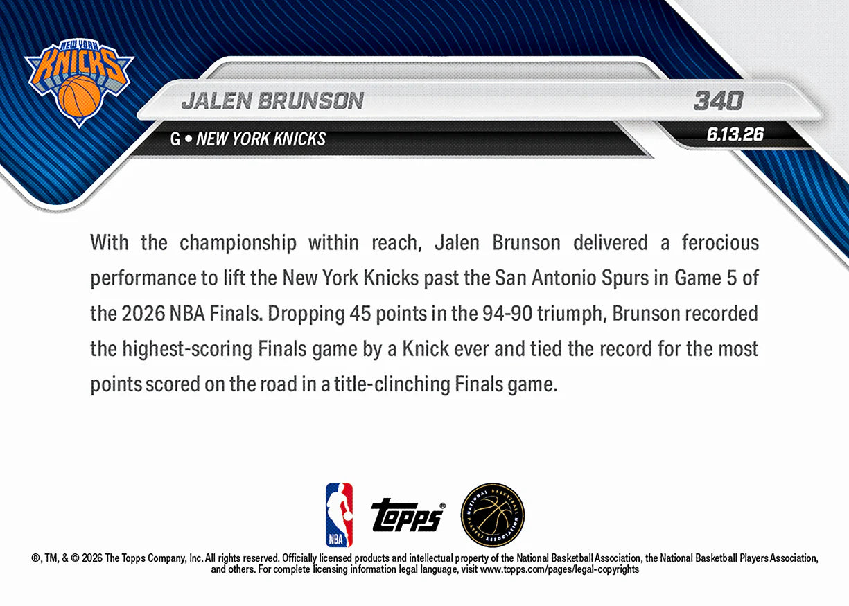 Jalen Brunson - 2025-26 Topps NOW Card #340 NBA Finals
