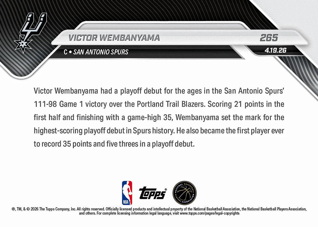 2025-26 Topps NOW NBA Victor Wembanyama - Historic Playoff Debut Gives Spurs 1-0 Series Lead #265
