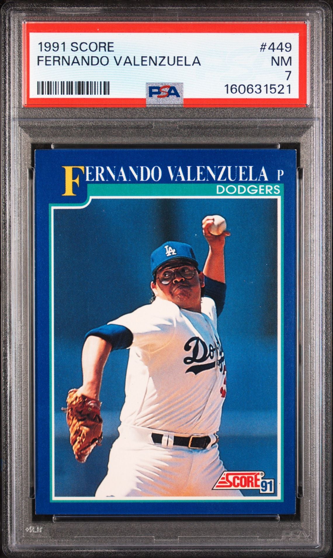 1991 Score Fernando Valenzuela #449 PSA 7 NM, cert 160631521
