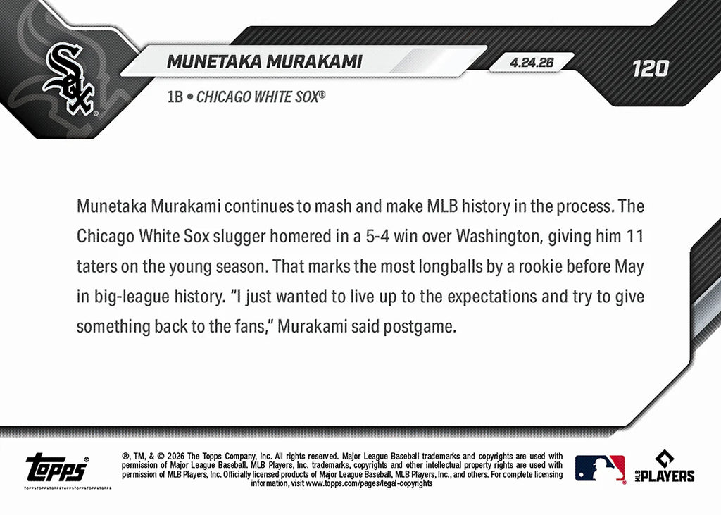 2026 Topps NOW MLB Munetaka Murakami - 11 HRs Most by Rookie Before May in MLB History #120