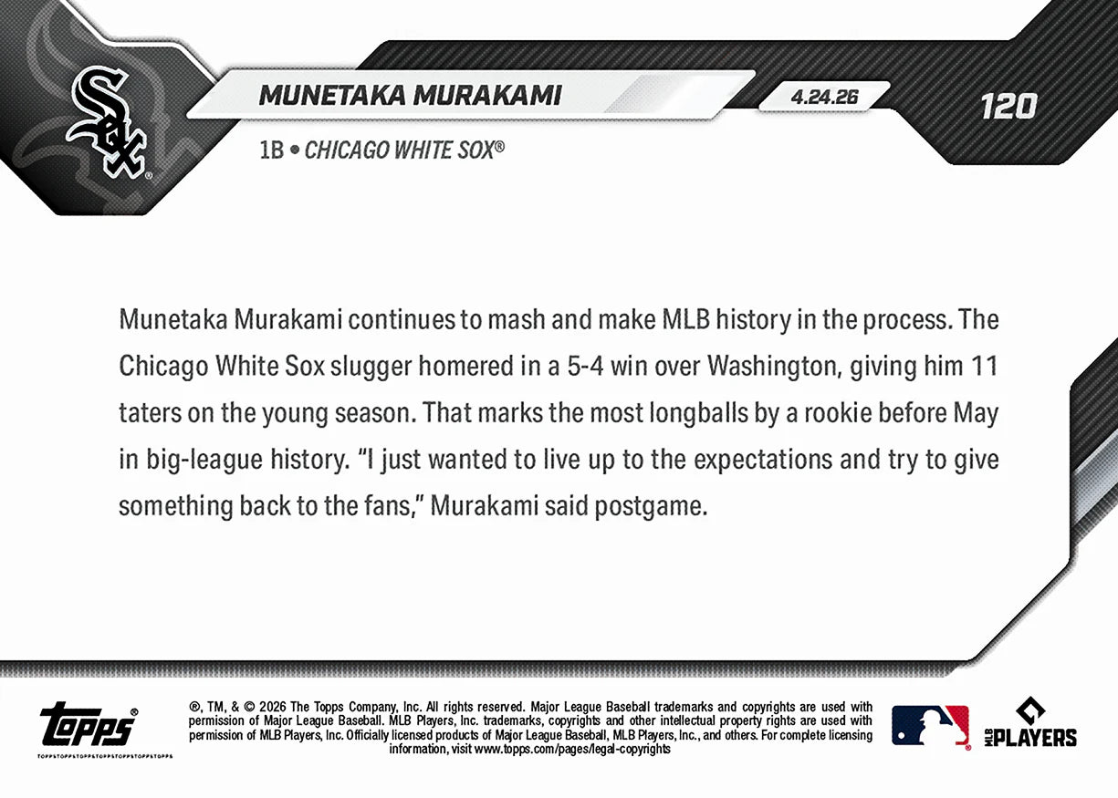 2026 Topps NOW MLB Munetaka Murakami - 11 HRs Most by Rookie Before May in MLB History #120