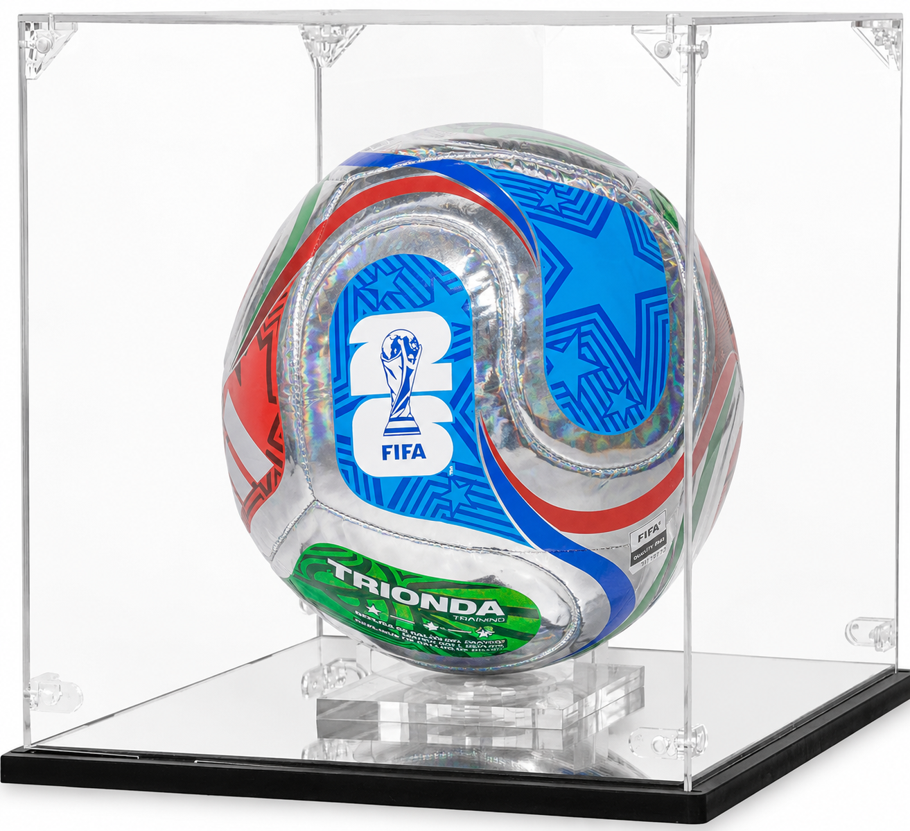 Adidas Trionda Training FIFA World Cup 2026 holographic silver soccer ball in acrylic display case