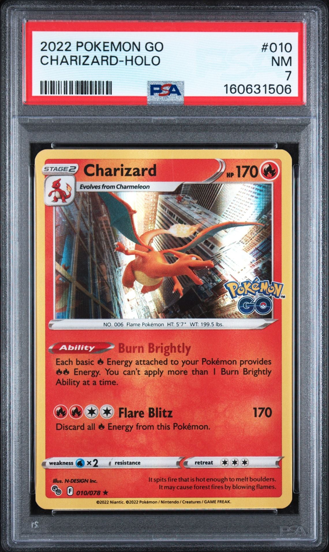 2022 Pokémon GO Charizard Holo #010 PSA 7 NM, cert 160631506
