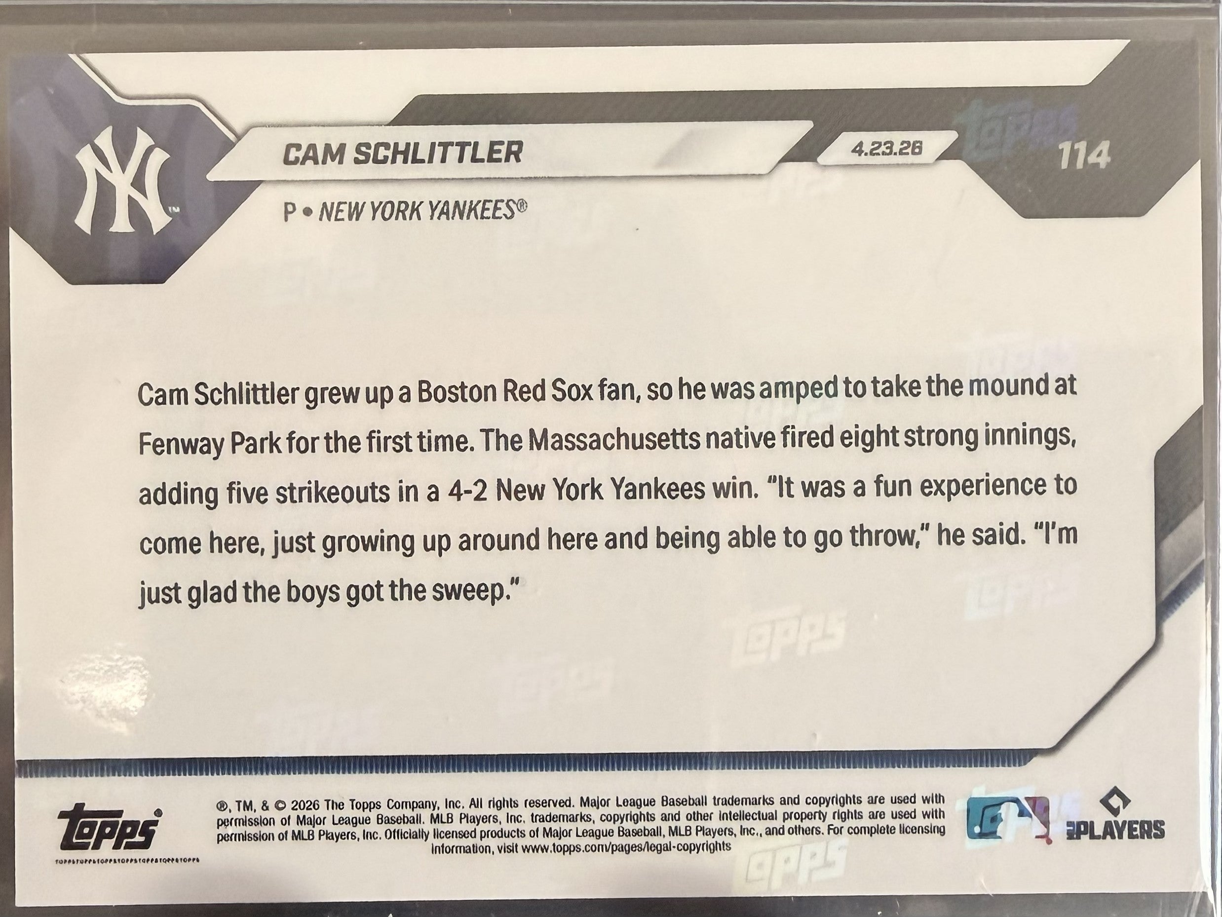 2026 Topps Now #114 Cam Schlittler RC /50 - New York Yankees