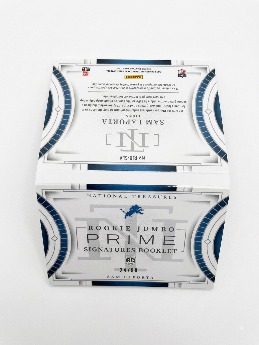 Sam LaPorta 2023 National Treasures Rookie Jumbo Prime Signatures Booklet back - #24/99