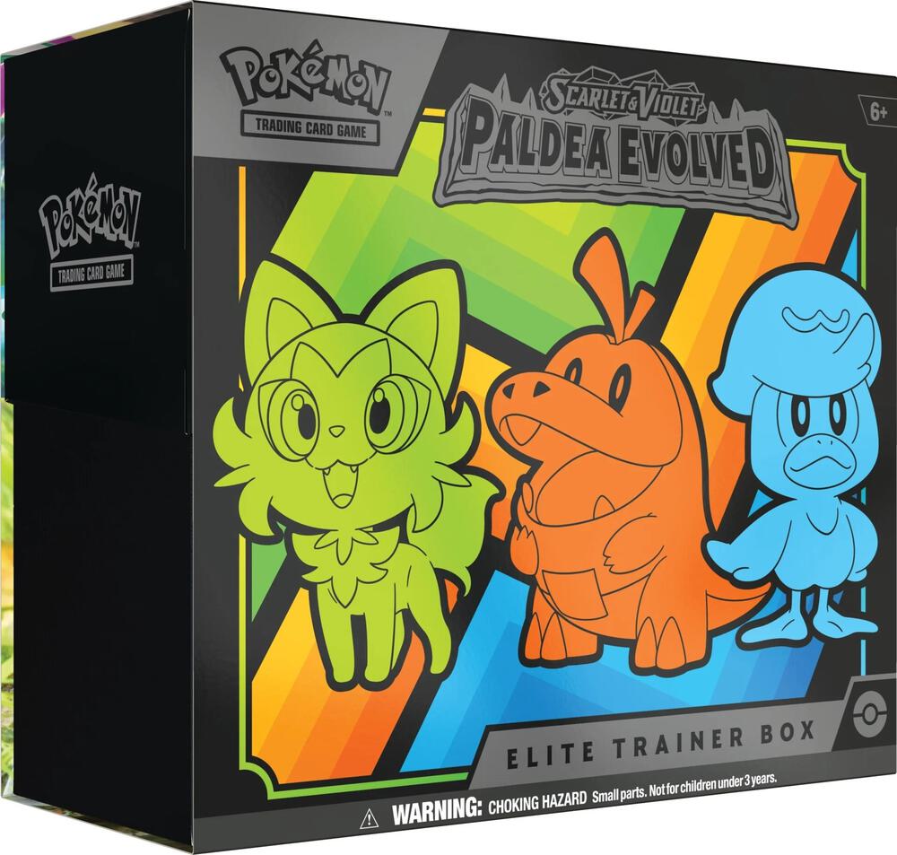 Pokémon Scarlet & Violet Paldea Evolved Elite Trainer Box featuring Sprigatito, Fuecoco, and Quaxly