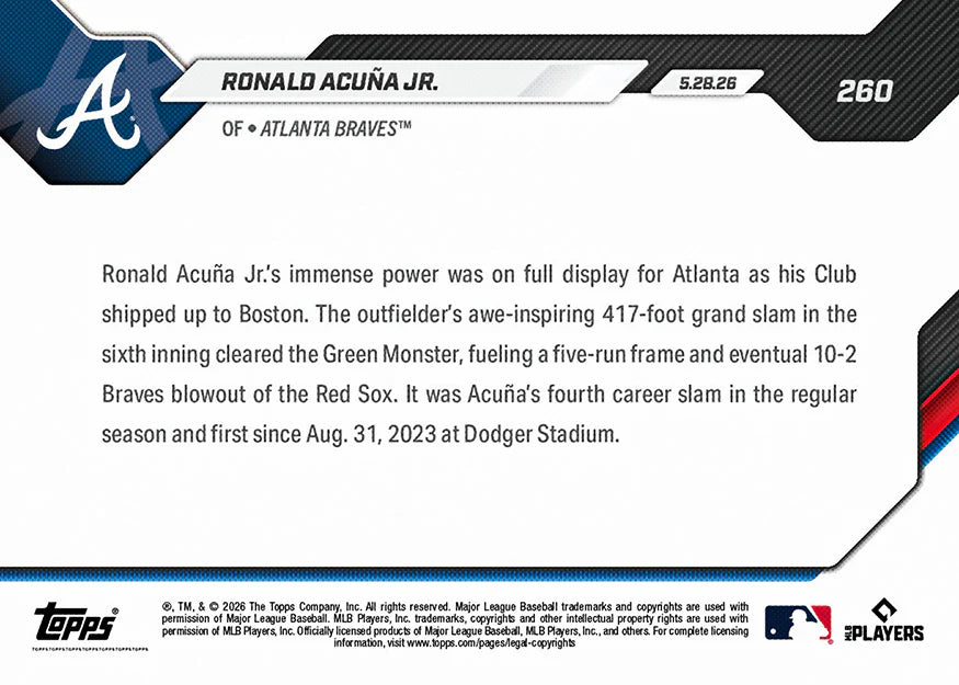 2026 Topps NOW #260 Ronald Acuña Jr. Grand Slam Green Monster - Atlanta Braves