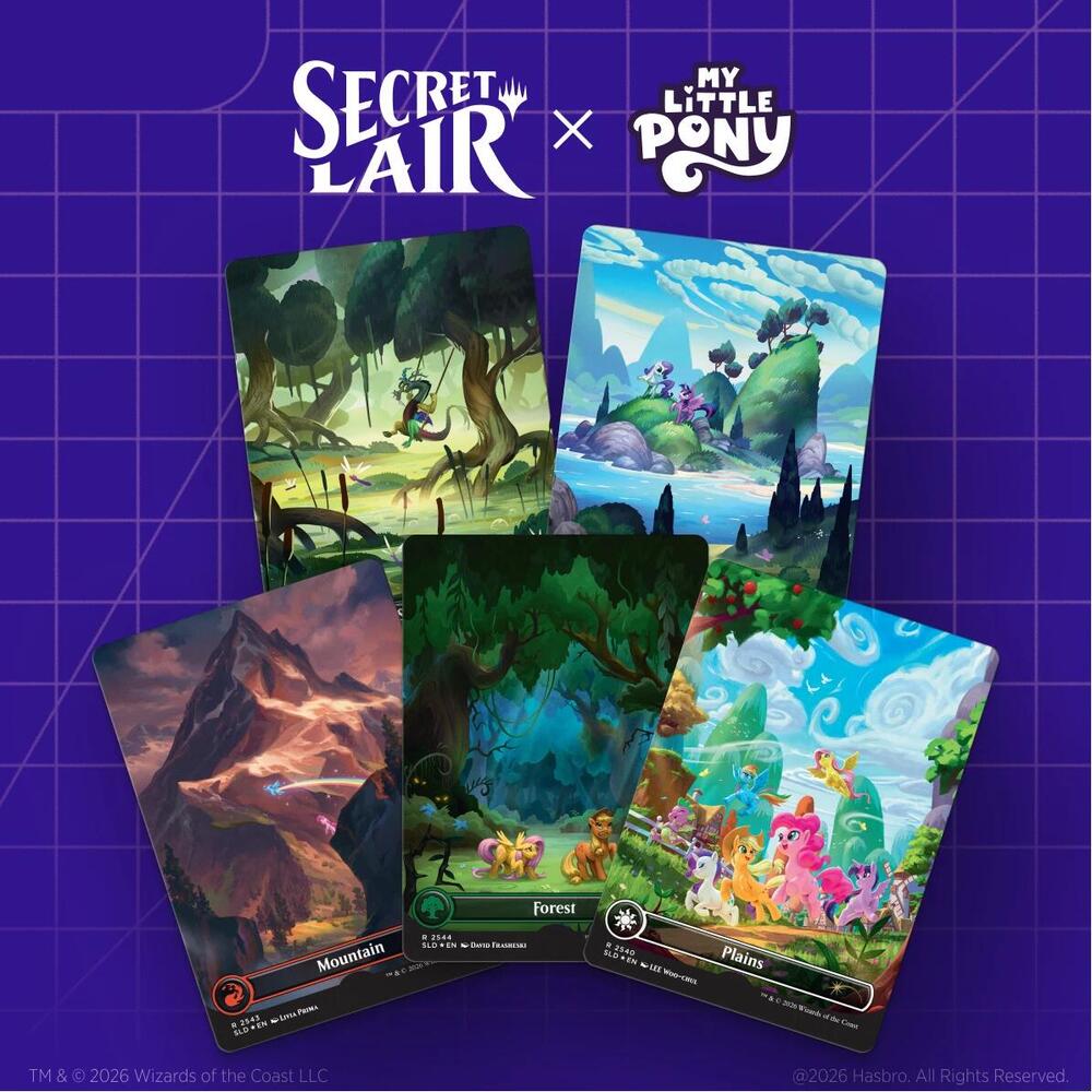 Secret Lair x My Little Pony The Lands of Equestria promotional image showing five basic lands