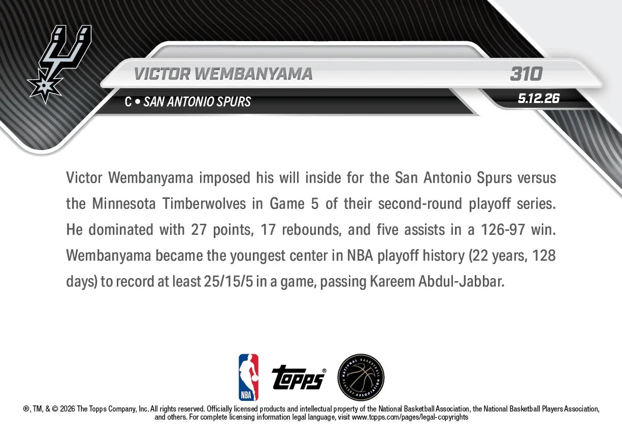 2025-26 Topps NOW NBA Victor Wembanyama - Record-Breaking Night Has SA on Verge of WCF Berth #310