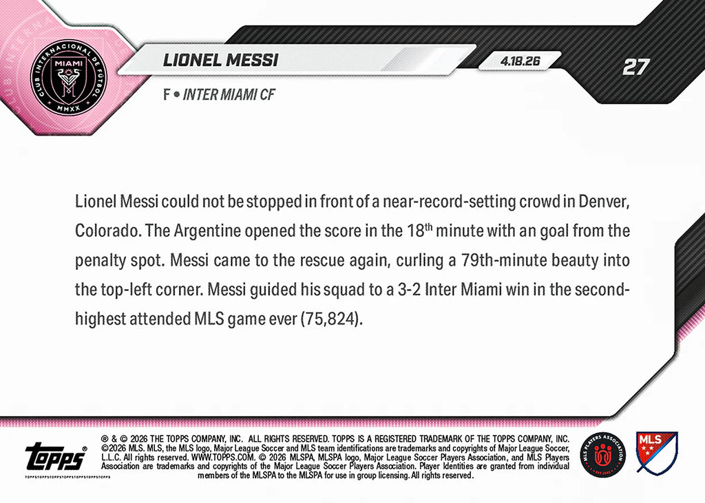 2026 Topps NOW MLS Lionel Messi - Multiple Goals & Game-Winner Deliver at Mile High #27