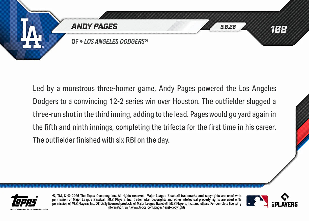 2026 Topps NOW MLB Andy Pages - 1st Career 3-HR Game Delivers Big Win in Houston #168