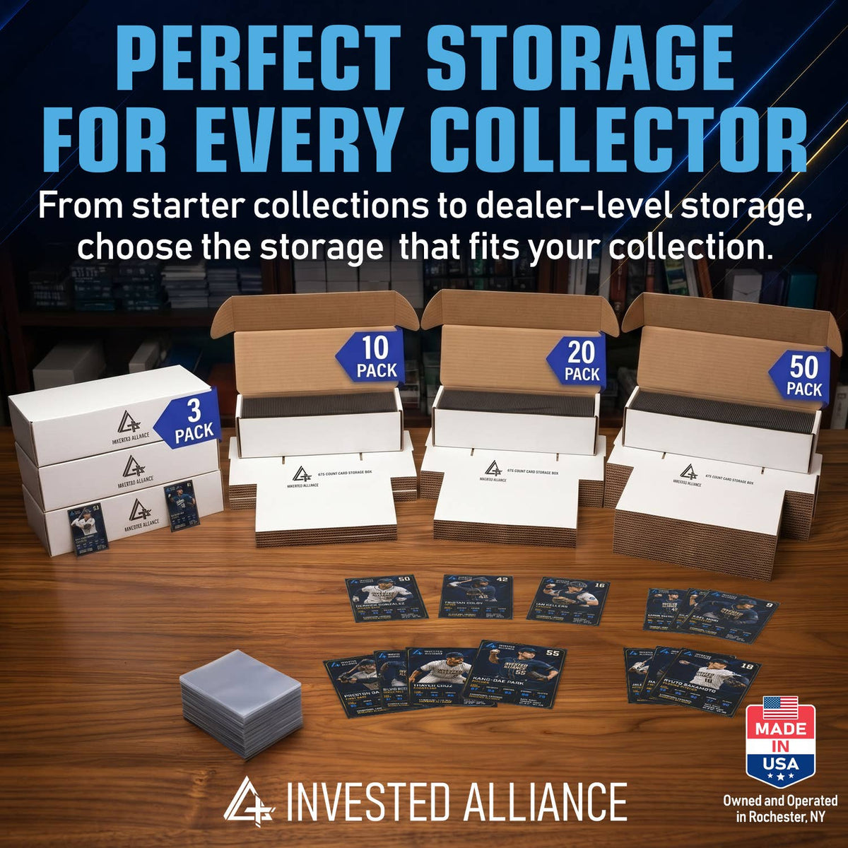 Invested Alliance Cardboard Trading Card Storage Boxes – 3 Pack