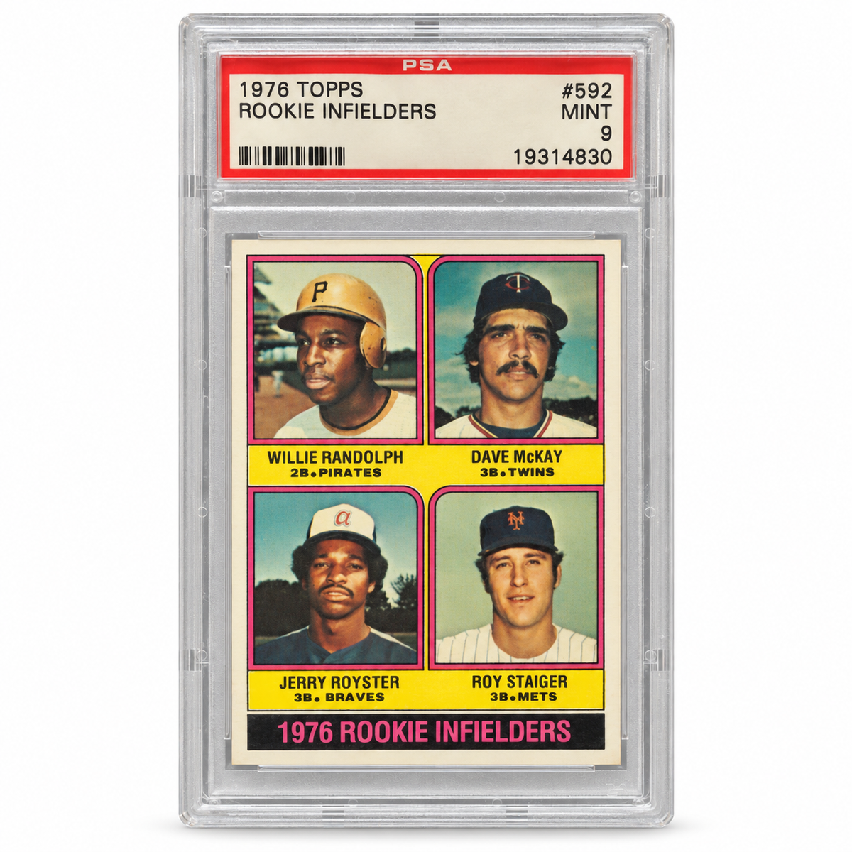 1976 Topps Rookie Infielders Willie Randolph, Dave McKay, Jerry Royster and Roy Staiger #592 PSA 9 MINT, certificate 19314830