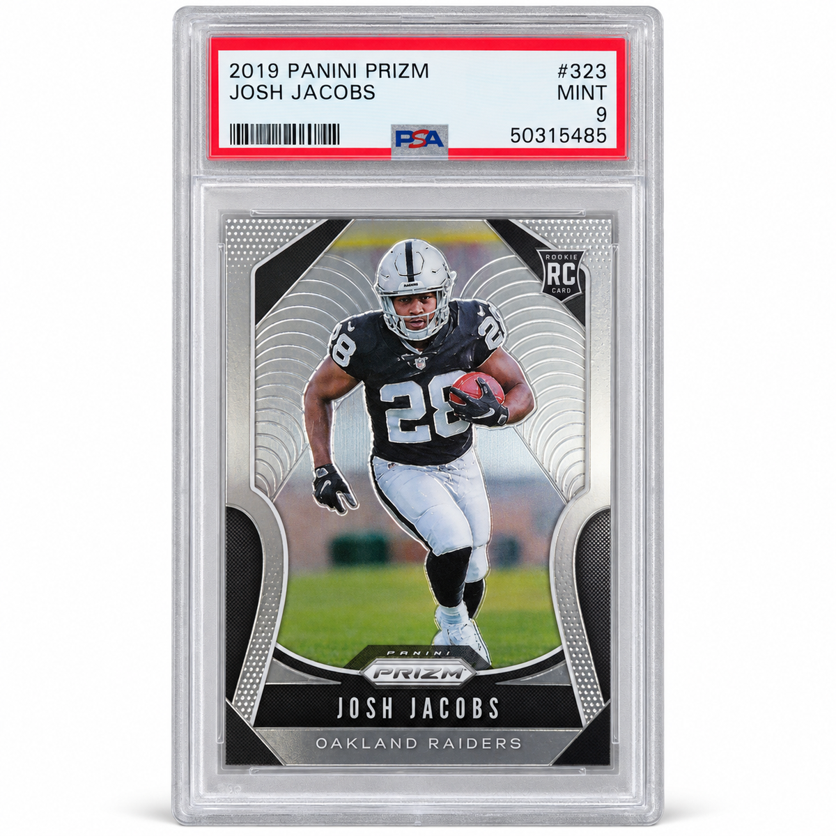 2019 Panini Prizm Josh Jacobs RC #323 PSA 9 MINT, certificate 50315485